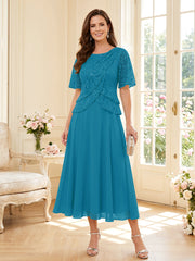 Mother of the Bride A Line Princess Scoop Half Sleeves Tea Length Dress with Lace and Ruffles