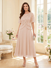 Mother of the Bride A Line Princess Scoop Half Sleeves Tea Length Dress with Lace and Ruffles