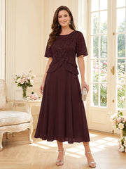 Mother of the Bride A Line Princess Scoop Half Sleeves Tea Length Dress with Lace and Ruffles