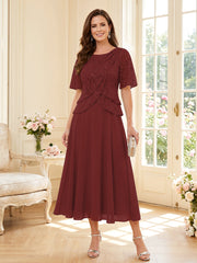 Mother of the Bride A Line Princess Scoop Half Sleeves Tea Length Dress with Lace and Ruffles