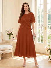 Mother of the Bride A Line Princess Scoop Half Sleeves Tea Length Dress with Lace and Ruffles