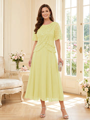 Mother of the Bride A Line Princess Scoop Half Sleeves Tea Length Dress with Lace and Ruffles