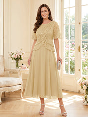 Mother of the Bride A Line Princess Scoop Half Sleeves Tea Length Dress with Lace and Ruffles