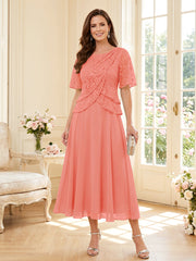 Mother of the Bride A Line Princess Scoop Half Sleeves Tea Length Dress with Lace and Ruffles