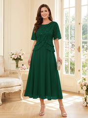Mother of the Bride A Line Princess Scoop Half Sleeves Tea Length Dress with Lace and Ruffles