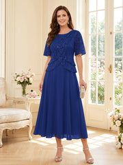 Mother of the Bride A Line Princess Scoop Half Sleeves Tea Length Dress with Lace and Ruffles