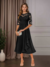 A Line Chiffon Scoop Neck Half Sleeve Tea-Length Dress with Ruffle Appliques for Mother of the Bride