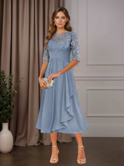 A Line Chiffon Scoop Neck Half Sleeve Tea-Length Dress with Ruffle Appliques for Mother of the Bride