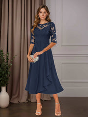 A Line Chiffon Scoop Neck Half Sleeve Tea-Length Dress with Ruffle Appliques for Mother of the Bride