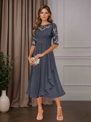 A Line Chiffon Scoop Neck Half Sleeve Tea-Length Dress with Ruffle Appliques for Mother of the Bride