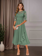 A Line Chiffon Scoop Neck Half Sleeve Tea-Length Dress with Ruffle Appliques for Mother of the Bride