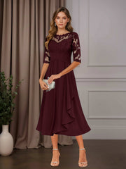 A Line Chiffon Scoop Neck Half Sleeve Tea-Length Dress with Ruffle Appliques for Mother of the Bride