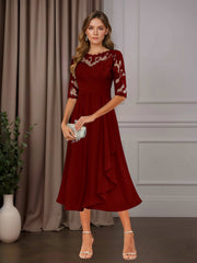 A Line Chiffon Scoop Neck Half Sleeve Tea-Length Dress with Ruffle Appliques for Mother of the Bride