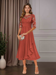 A Line Chiffon Scoop Neck Half Sleeve Tea-Length Dress with Ruffle Appliques for Mother of the Bride