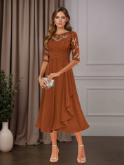A Line Chiffon Scoop Neck Half Sleeve Tea-Length Dress with Ruffle Appliques for Mother of the Bride