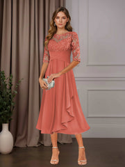 A Line Chiffon Scoop Neck Half Sleeve Tea-Length Dress with Ruffle Appliques for Mother of the Bride