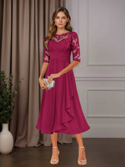 A Line Chiffon Scoop Neck Half Sleeve Tea-Length Dress with Ruffle Appliques for Mother of the Bride