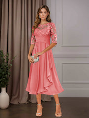 A Line Chiffon Scoop Neck Half Sleeve Tea-Length Dress with Ruffle Appliques for Mother of the Bride