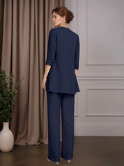 Mother of the Bride 3 Pieces Scoop Neck Half Sleeves Floor Length Pantsuit with Sequins and Lace Appliques