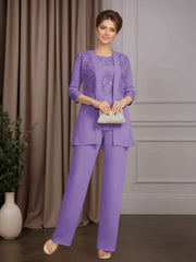 Mother of the Bride 3 Pieces Scoop Neck Half Sleeves Floor Length Pantsuit with Sequins and Lace Appliques