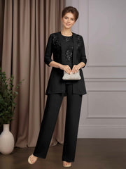 Mother of the Bride 3 Pieces Scoop Neck Half Sleeves Floor Length Pantsuit with Sequins and Lace Appliques