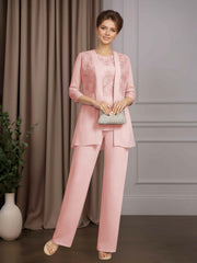 Mother of the Bride 3 Pieces Scoop Neck Half Sleeves Floor Length Pantsuit with Sequins and Lace Appliques