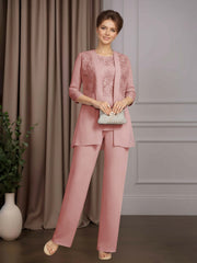 Mother of the Bride 3 Pieces Scoop Neck Half Sleeves Floor Length Pantsuit with Sequins and Lace Appliques