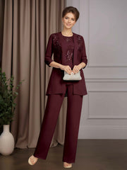Mother of the Bride 3 Pieces Scoop Neck Half Sleeves Floor Length Pantsuit with Sequins and Lace Appliques