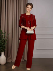 Mother of the Bride 3 Pieces Scoop Neck Half Sleeves Floor Length Pantsuit with Sequins and Lace Appliques