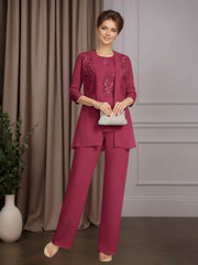 Mother of the Bride 3 Pieces Scoop Neck Half Sleeves Floor Length Pantsuit with Sequins and Lace Appliques
