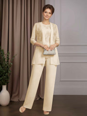 Mother of the Bride 3 Pieces Scoop Neck Half Sleeves Floor Length Pantsuit with Sequins and Lace Appliques