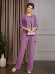 Mother of the Bride 3 Pieces Scoop Neck Half Sleeves Floor Length Pantsuit with Sequins and Lace Appliques