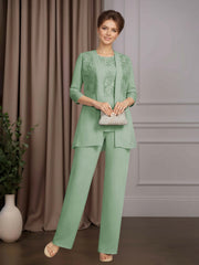 Mother of the Bride 3 Pieces Scoop Neck Half Sleeves Floor Length Pantsuit with Sequins and Lace Appliques