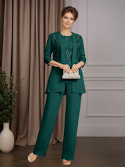 Mother of the Bride 3 Pieces Scoop Neck Half Sleeves Floor Length Pantsuit with Sequins and Lace Appliques