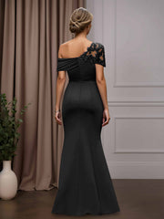 Mother of the Bride Sheath Column One-Shoulder Short Sleeves Floor Length Dress with Appliques