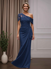 Mother of the Bride Sheath Column One-Shoulder Short Sleeves Floor Length Dress with Appliques