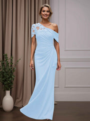 Mother of the Bride Sheath Column One-Shoulder Short Sleeves Floor Length Dress with Appliques