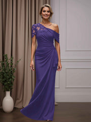 Mother of the Bride Sheath Column One-Shoulder Short Sleeves Floor Length Dress with Appliques