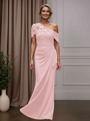 Mother of the Bride Sheath Column One-Shoulder Short Sleeves Floor Length Dress with Appliques