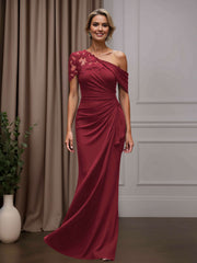 Mother of the Bride Sheath Column One-Shoulder Short Sleeves Floor Length Dress with Appliques