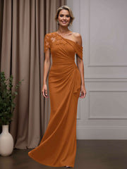 Mother of the Bride Sheath Column One-Shoulder Short Sleeves Floor Length Dress with Appliques
