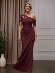 Mother of the Bride Sheath Column One-Shoulder Short Sleeves Floor Length Dress with Appliques