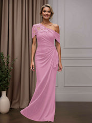 Mother of the Bride Sheath Column One-Shoulder Short Sleeves Floor Length Dress with Appliques