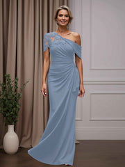 Mother of the Bride Sheath Column One-Shoulder Short Sleeves Floor Length Dress with Appliques