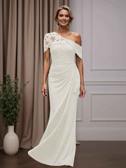 Mother of the Bride Sheath Column One-Shoulder Short Sleeves Floor Length Dress with Appliques
