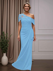 Mother of the Bride Sheath Column One-Shoulder Short Sleeves Floor Length Dress with Appliques