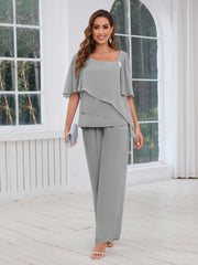 Mother of the Bride Two Pieces Beading Chiffon Pantsuit