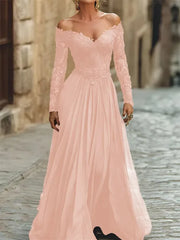 A Line Off the Shoulder Long Sleeve Floor Length Chiffon Corset Dress with Lace Appliques for Mother of the Bride