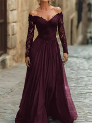 A Line Off the Shoulder Long Sleeve Floor Length Chiffon Corset Dress with Lace Appliques for Mother of the Bride