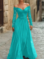 A Line Off the Shoulder Long Sleeve Floor Length Chiffon Corset Dress with Lace Appliques for Mother of the Bride